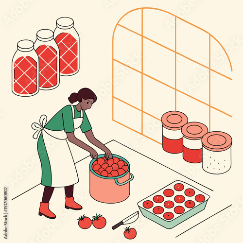 A woman is preserving tomatoes in a kitchen setting with jars, boiling pot, and ingredients. Flat design style on a tiled background. Concept of home canning. Vector .