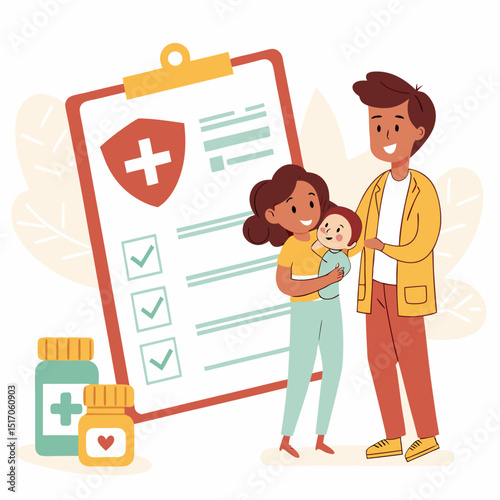 Happy young family with baby standing near large health insurance form, with medicine bottles nearby, on white background. Concept of family healthcare. Vector .