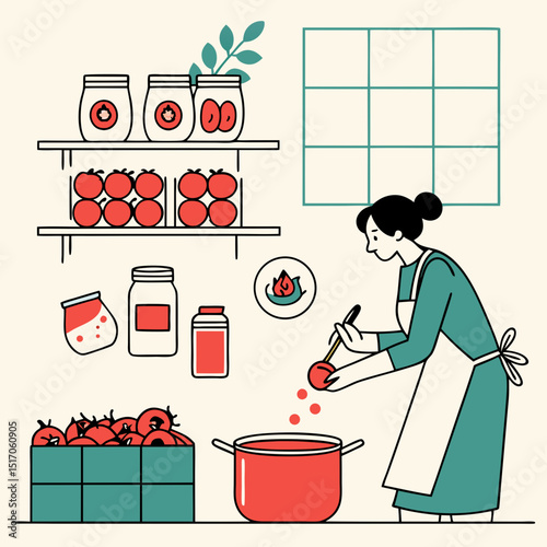 A woman is preserving tomatoes in a kitchen setting with jars, boiling pot, and ingredients. Flat design style on a tiled background. Concept of home canning. Vector .