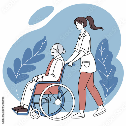 Elderly man in a wheelchair being pushed by a young woman, flat style, abstract blue background with leaves, concept of caregiving and support. Vector .