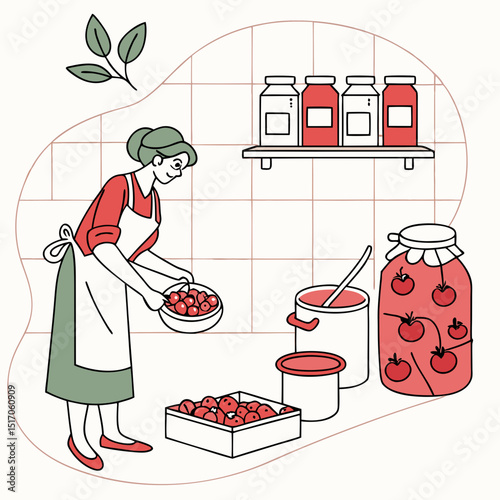 A woman is preserving tomatoes in a kitchen setting with jars, boiling pot, and ingredients. Flat design style on a tiled background. Concept of home canning. Vector .