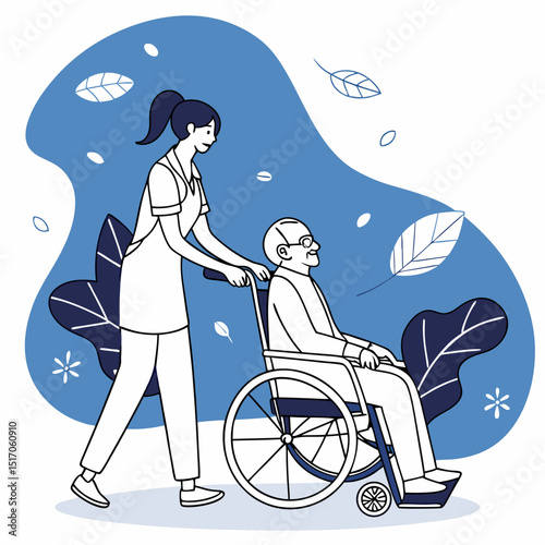 Elderly man in a wheelchair being pushed by a young woman, flat style, abstract blue background with leaves, concept of caregiving and support. Vector .