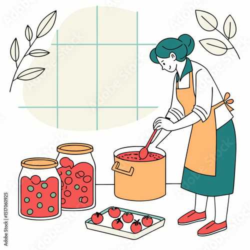 A woman is preserving tomatoes in a kitchen setting with jars, boiling pot, and ingredients. Flat design style on a tiled background. Concept of home canning. Vector .