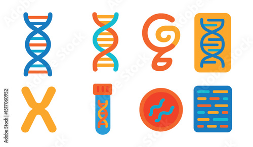 Flat vector icons of DNA and genetics: DNA strand, double helix, gene symbol, genetic code, chromosome icon, DNA test tube, bio sample, genome map.