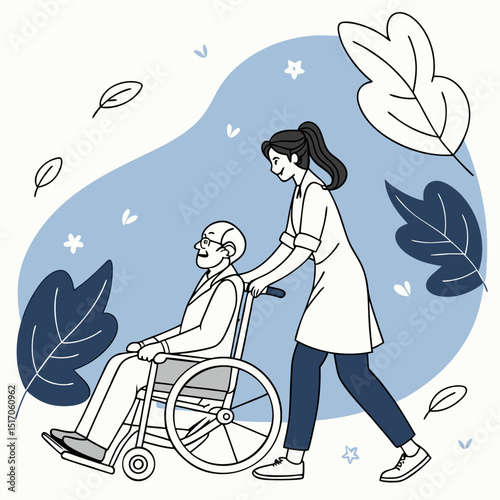 Elderly man in a wheelchair being pushed by a young woman, flat style, abstract blue background with leaves, concept of caregiving and support. Vector .
