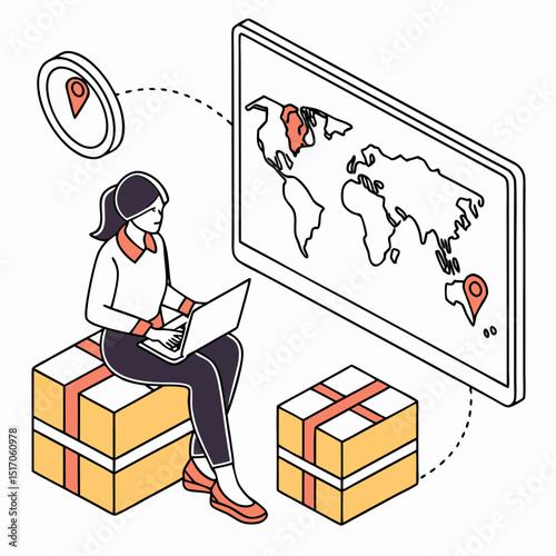 Woman with laptop sitting on parcel boxes, tracking global delivery on a large screen with map pins, flat graphic style, white background. Concept of logistics. Vector .