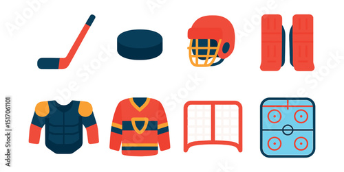 Flat vector icons of ice hockey gear: hockey stick, puck, helmet, goalie pads, chest protector, team jersey, hockey net, rink diagram.