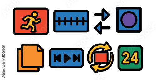 Flat vector icons of animation fundamentals: cartoon frame, animation timeline, motion arrows, keyframe dot, onion skin icon, playback controls, looping frame, fps counter.
