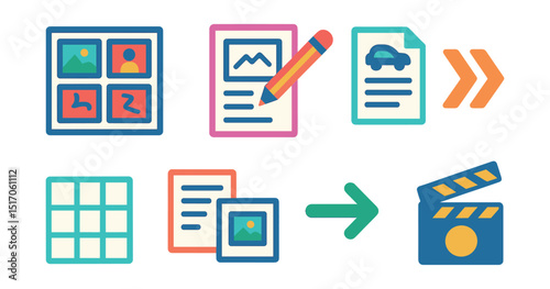 Flat vector icons of storyboard and planning: storyboard frames, pencil sketch panels, scene notes, timeline arrows, thumbnails grid, script next to board, scene transition arrow, storyboard marker.