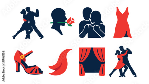Flat vector icons of tango and passionate duets: tango couple silhouette, rose in mouth, close embrace icon, elegant dress, tango shoes, passion wave, red curtain, dramatic stance.