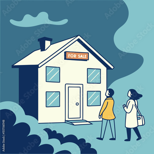 People standing in front of a house with a for sale sign, flat graphic style, with abstract blue background and clouds, concept of real estate buying. .