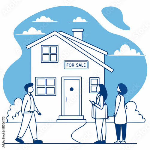 People standing in front of a house with a for sale sign, flat graphic style, with abstract blue background and clouds, concept of real estate buying. .