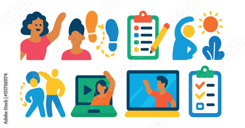 Flat vector icons of dance classes and lessons: group class icon, dance teacher, beginner steps, lesson plan clipboard, warm-up icon, online dance class, mirror practice, attendance sheet.