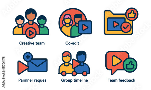 Flat vector icons of community and collaboration in video: creative team icon, co-edit badge, shared project folder, content review icon, collab request, partner creators, group timeline, team