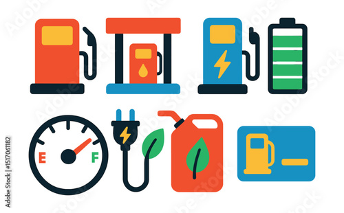 Flat vector icons of fuel and charging: fuel pump, gas station icon, EV charger, battery icon, fuel gauge, charging cable, alternative fuel, fuel card.