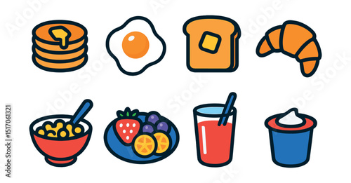Flat vector icons of breakfast food: pancakes, fried egg, toast with butter, croissant, cereal bowl, fruit plate, smoothie glass, yogurt cup.