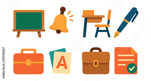 Flat vector icons of vintage school items: chalkboard, school bell, wooden desk, ink pen, lunchbox, flashcards, school satchel, report card.
