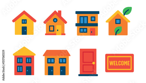 Flat vector icons of houses and homes: single-family house, cottage icon, modern home, eco-house, townhouse, duplex building, front door, welcome mat.