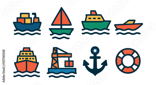 Flat vector icons of water transport: cargo ship, sailing boat, ferry, speedboat, cruise ship, port dock, anchor icon, lifebuoy.