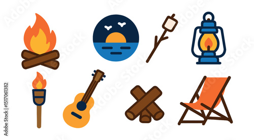 Flat vector icons of beach evening: bonfire, sunset, marshmallow stick, lantern, tiki torch, beach guitar, firewood, sunset chair.
