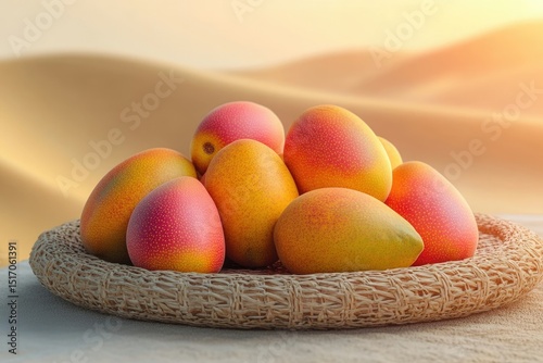 A basket of fresh, vibrant mangoes sits against a warm, hazy backdrop, evocative of a desert oasis.