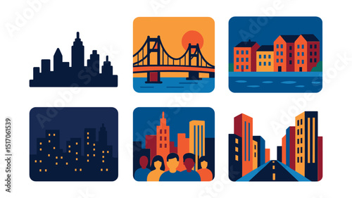 Flat vector icons of cityscape views: skyline silhouette, bridge view, rooftop sunset, riverside buildings, city lights at night, downtown crowd, tall buildings, street perspective.