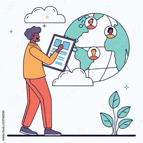Illustrated man analyzing online candidate profiles on a digital screen with a globe and cloud icons in the background. Vector illustration