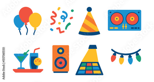 Flat vector icons of party and celebration: balloons, confetti, party hat, DJ setup, drink tray, music speaker, dance floor, celebration lights.