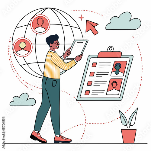 Illustrated man analyzing online candidate profiles on a digital screen with a globe and cloud icons in the background. Vector illustration