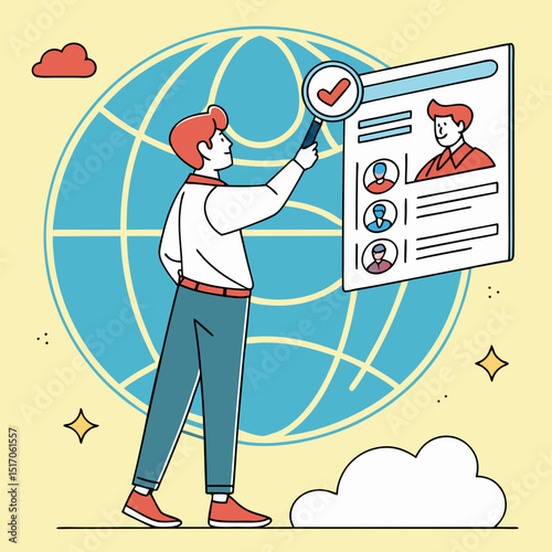 Illustrated man analyzing online candidate profiles on a digital screen with a globe and cloud icons in the background. Vector illustration