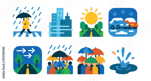 Flat vector icons of urban weather: rainy crosswalk, foggy skyline, sunny boulevard, snow on cars, windy avenue, umbrella crowd, melting pavement, puddle splash.