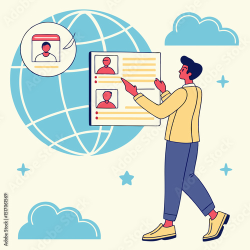Illustrated man analyzing online candidate profiles on a digital screen with a globe and cloud icons in the background. Vector illustration