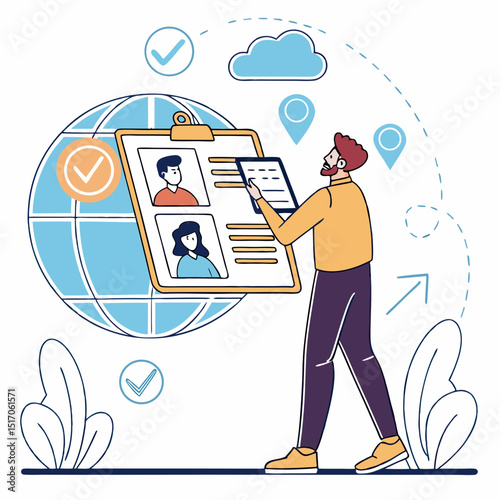 Illustrated man analyzing online candidate profiles on a digital screen with a globe and cloud icons in the background. Vector illustration