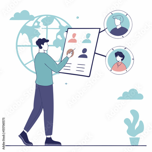 Illustrated man analyzing online candidate profiles on a digital screen with a globe and cloud icons in the background. Vector illustration