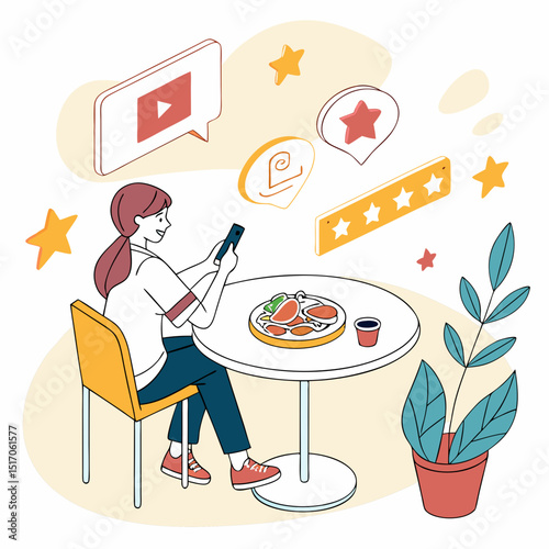 Woman taking aof her food with a smartphone at a restaurant table, surrounded by digital comments, stars and video icons. Vector illustration