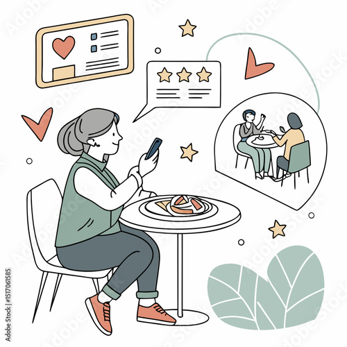 Woman taking aof her food with a smartphone at a restaurant table, surrounded by digital comments, stars and video icons. Vector illustration