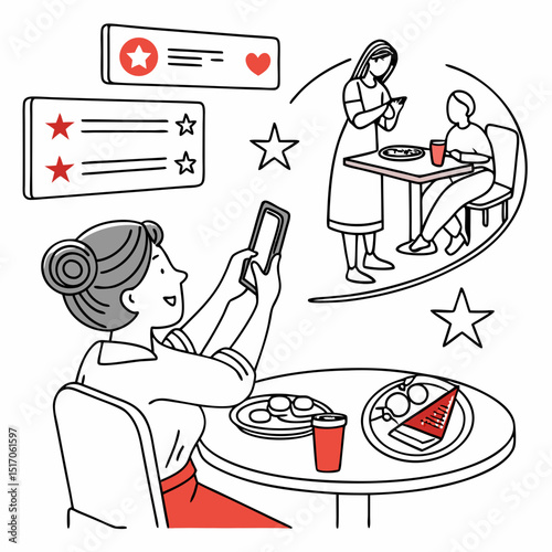 Woman taking aof her food with a smartphone at a restaurant table, surrounded by digital comments, stars and video icons. Vector illustration