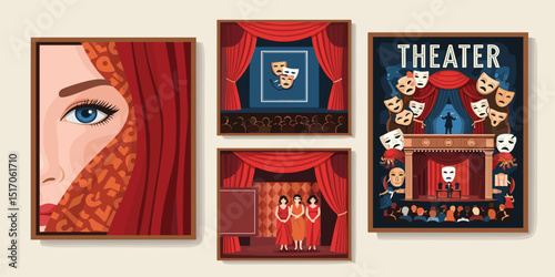 Theater, audience and stage. Vector modern illustration of red theater curtains, actors, mask, spectators, performance, stand up for poster, invitation, flyer or background