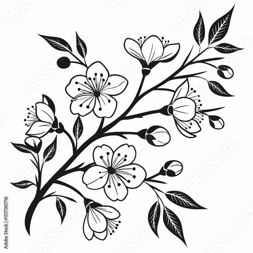 Elegant black line floral branches with buds and leaves arranged in a seamless pattern, hand-drawn style on white background. Concept of natural beauty. Vector .