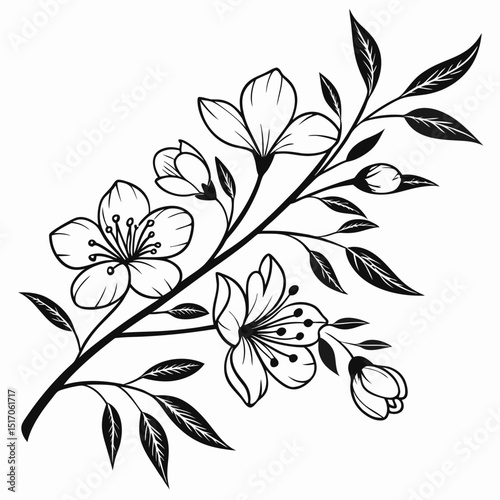 Elegant black line floral branches with buds and leaves arranged in a seamless pattern, hand-drawn style on white background. Concept of natural beauty. Vector .