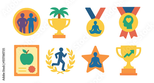 Flat vector icons of health and wellness awards: fitness transformation badge, wellness retreat champion trophy, best yoga practitioner medal, mental health advocate ribbon, healthy eating achiever