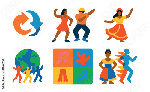 Flat vector icons of mixed dance genres and fusion: fusion blend icon, jazz meets street, cultural fusion dance, hybrid shoes, world dance styles, genre icon grid, eclectic costume, blend motion.