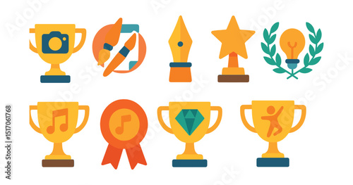 Flat vector icons of creative competition trophies: best photography award cup, top illustration trophy, music performance winner badge, writing contest golden pen, best design competition trophy,