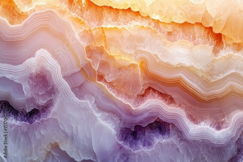Abstract agate pattern featuring layers of purple, orange, and white, creating an intriguing geological texture.