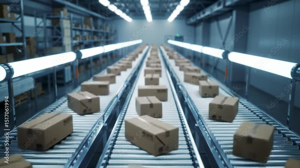 A bustling distribution center buzzes with activity as packages glide smoothly along conveyor belts. Workers monitor operations during the evening shift, ensuring timely deliveries.