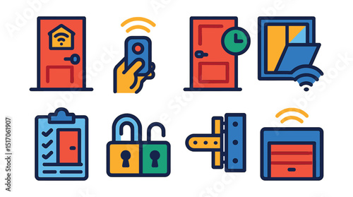Flat vector icons of smart doors and windows: smart door icon, remote door unlock, auto-close setting, window open sensor, door access log, lock status icon, smart hinge, garage door controller.