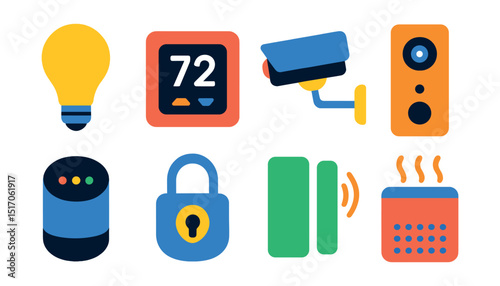 Flat vector icons of smart home devices: smart light bulb, thermostat device, security camera, smart speaker, video doorbell, smart lock, window sensor, air purifier.