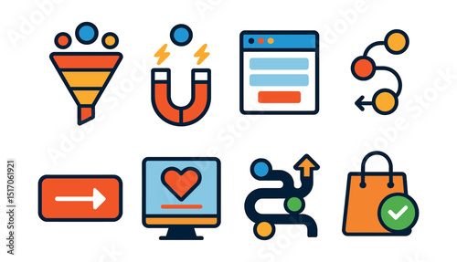 Flat vector icons of conversions and funnels: funnel stages, lead magnet, opt-in form, conversion path, call-to-action, thank you page, customer journey, purchase event.