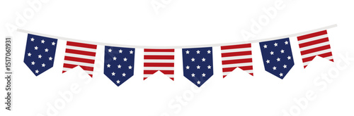 Bunting garland. Party flags with stripes, stars in USA flag colors isolated on background. Vector illustration, web banner. Memorial, labor day. Independence day, 4th July. Birthday, anniversary