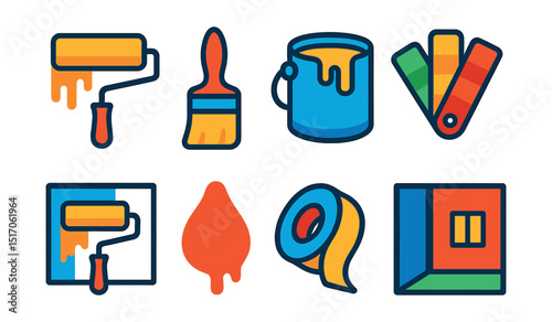 Flat vector icons of painting and finishes: paint roller, paint brush, open paint can, color swatch, wall painting in progress, paint drip icon, masking tape, accent wall.